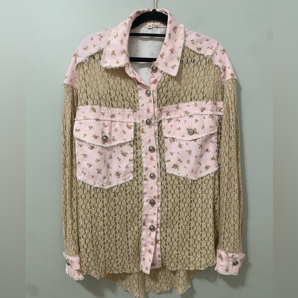 POL Floral Lace Denim Crochet Button Down Shacket
